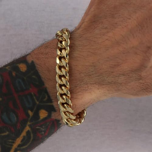 CG&KYGG 12MM 14K Gold Plated Cuban Link Bracelet for Men, Chunky 316L Stainless Steel Chain Necklace for Women, Gift for Birthday & Holiday(Delicate Package, Double Safety Clasp with 14K Stamp) - style: 12mm 14k gold bracelet