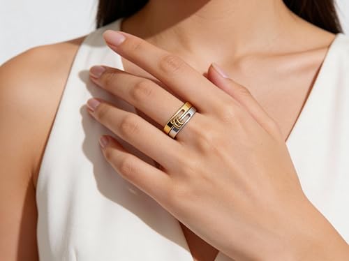 Generation Refined - Silver Gold Stackable Rings, 18K Gold Plated Stainless Steel, Silver and Gold Two Tone, Non Tarnish Multi Ring Mixed Metals Set