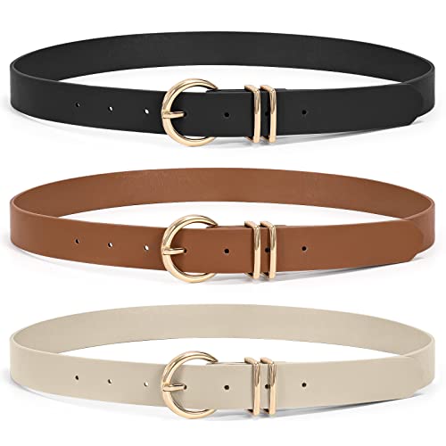 XZQTIVE 3 Pack Women Belts For Jeans Dresses Pants Ladies Leather Waist Belt with Gold Buckle - color: Round Buckle Black+brown+beige, size: Fit Pant 48-52in