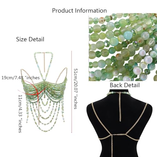 Handmade Beads Body Chain, Mermaid Top Rave Outfit Body Jewelry, Mermaid Costume, Beaded Bra Bralette Bead Waist Body Jewelry for Women for Boho Festival Clubbing - color: green