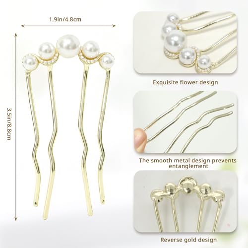 2Pcs Pearl U-Shaped Hair Pins for Buns, Vintage Metal Twist-Style Hair Comb Clips Accessories for Women (Black/Gold)