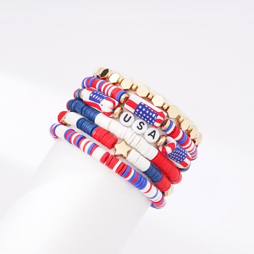 GOOJIDS Surfer Heishi Clay Bead Bracelets for Women Bohemian Stackable Gold Plated Beaded Stretch Bracelets Elastic Layering Friendship Bracelets Set Boho Jewelry - color: D-Flag 2