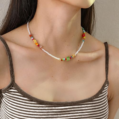 Beaded Necklaces for Women Summer Beach Beaded Necklace Bead Choker Boho Necklaces for Women Handmade Summer Jewelry Stainless Steel 18K Gold Plated - color: Multi
