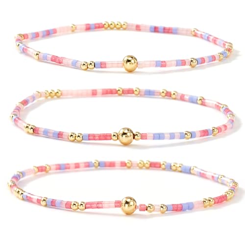 Colorful Beaded Bracelet Stack for Women,3PCS Handmade Bohemian Gold Plated Ball Stretch Stackable Bracelets Set Fashion Jewelry Gift Friendship - color: Pink
