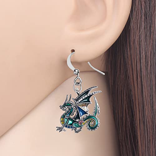 Enamel Alloy Dinosaur Fantasy Dragon Earrings Drop Dangle Unique Animal Jewelry For Women Dragons Gifts - color: Green