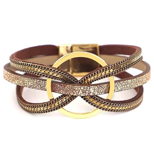 Fesciory Leopard Bracelet for Women, Boho Leather Wrap Multi-Layer Pearl Crystal Bracelet Bangle Jewelry - style: Circle(Brown)