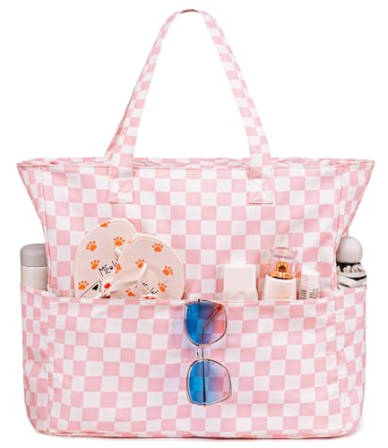 Bluboon Waterproof Beach Tote Pool Bags for Women Ladies Extra Large Carry On Bag With Wet Compartment for Weekender Travel - color: Checked Pink White