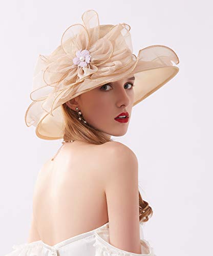 ORIDOOR Women’s Organza Church Tea Party Wedding Fascinator Derby Hat Wide Brim Sun Hats - color: C9-khaki
