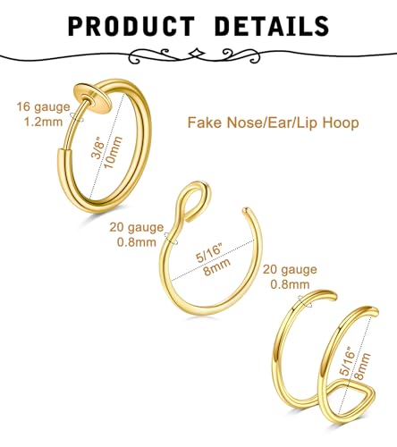 MODRSA Fake Nose Stud Fake Nose Ring Stud Fake Nose Piercing Fake Lip Ring Fake Earrings Stud Silver Gold Fake Cartilage Helix Earring Clip on Earring Hoop Fake Eyebrow Ring Fake Bridge Piercing - color: C1-hoops- silver gold