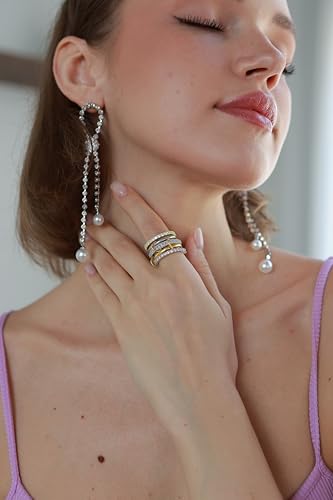 18K Gold Plated Stackable Rings for Women with Gift Box – Silver & Gold Multi-Link Connected Bands Set,Cubic Zirconia Mixed Metals Rings, Tarnish-Resistant Jewelry - color: five rings set, size: 6