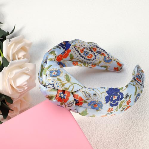 VOCOSTE Floral Pattern Knotted Headband, Classic Casual Style Headband for Women Girl, Blue 5.20"x2.36" - color: Blue