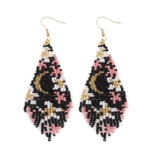 Flower Black Beaded Long Tassel Western Native American Earrings For Women Dangling - color: black pink