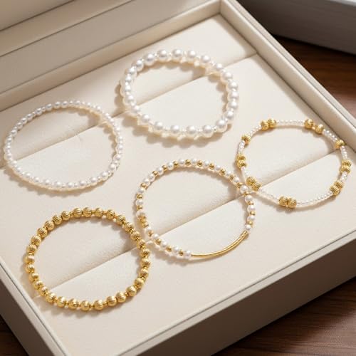 14K Gold Plated Beaded Bracelets Stack Set for Women,Stretch Boho Colorful Beads Ball Jewelry Friendship Summer Trendy - color: Gold silver pearl