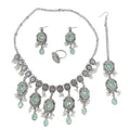 Luxury Waterdrop Rhinestone Pearls Tassel Charm Necklace Earrings Ring Maang Tikka Jewelry 4PCS Set Oxidized Antique Silver Flower Choker Ethnic Indian Retro Crystal Bollywood Bridal Wedding for Women - color: Blue