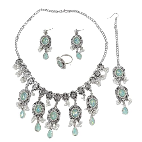 Luxury Waterdrop Rhinestone Pearls Tassel Charm Necklace Earrings Ring Maang Tikka Jewelry 4PCS Set Oxidized Antique Silver Flower Choker Ethnic Indian Retro Crystal Bollywood Bridal Wedding for Women - color: Blue