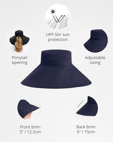 Solbari Ultra Wide Brim Sun Hat UPF 50+ Packable UV Sun Protection Hats with Full Coverage Brim - color: Navy / Beige, size: Large-X-Large