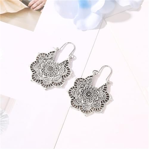 Boho Antique Carved Flower Dangle Drop Earrings for Women Vintage Retro Handmade Hollowed Antiqued Bronze Floral Shaped Geometric Gold Silver Plated Hoop Earrings for Ethnic Style Jewelry Gifts - color: Silver