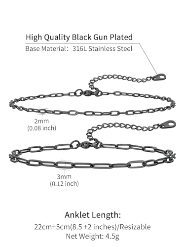 ChainsHouse Ankle Bracelets for Women, Stainless Steel Chain Anklets Waterproof, Women Summer Beach Jewelry Gift, Come with Box - color: 02. 2Pcs-(2+3mm)-Paperclip-Black