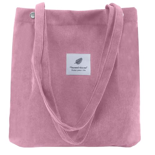 Corduroy Tote Bag for Women Small Canvas Shoulder Purse Cord Handy Bag with Inner Pocket | with Front Pocket - color: 02 Pink