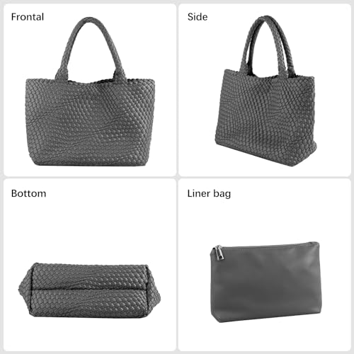 Woven Tote Bag Womens Purse Vegan Leather Shoulder Handbags Fashion Summer Beach Tote Bags Large Travel Totes - color: Gray