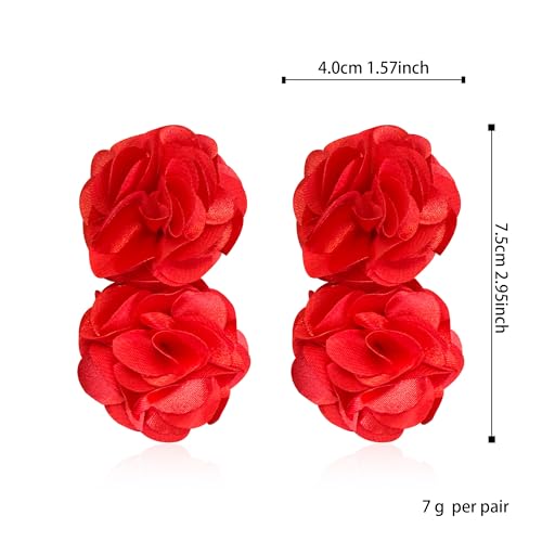 Oversized Fabric Flower Earrings for Women Statement Boho Chic Dangle Drop Earrings for Parties Weddings or Everyday Wear - color: Red