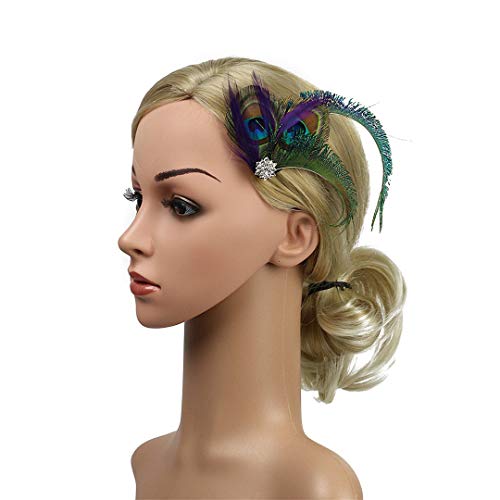 Fascinator Peacock Feather Hair Clips Flapper Headband Art Deco 20's Accessories for Women - color: 11green