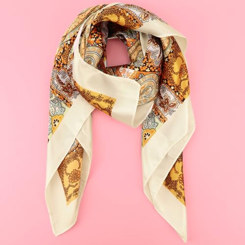 DRESHOW 35” Large Square Satin Head Scarf - 4Pcs Silk Accessories Classic Patterned Squares Beach Bandanas for Women - color: 4 Pcs: Pink, Black, Red, Beige