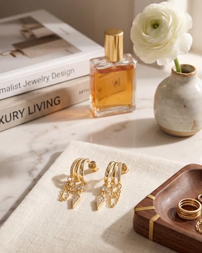MUMREUES Gold Earrings for Women Trendy 14K Gold Plated Dangle Earrings Small Hoop Huggie Drop Stud Earrings Cubic Zirconia Simple Minimalist Dainty Chain Tassel Hypoallergenic Earrings - color: Chain & Gold
