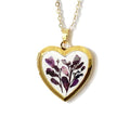 Handmade Dried Pressed Flower Heart Shaped Photo Locket Pendant Necklace - color: Gold, style: Purple Flower on White