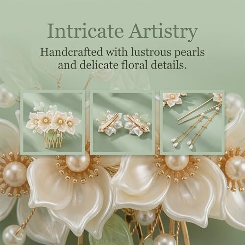 HINZIC 5pcs Flower Tassels Hairpin for Women, Non-Slip Crystal Pearl Camellia Hair Clips, Retro Chinese Hanfu Wedding Brides Hair Accessories for Long Hair - color: Camelia