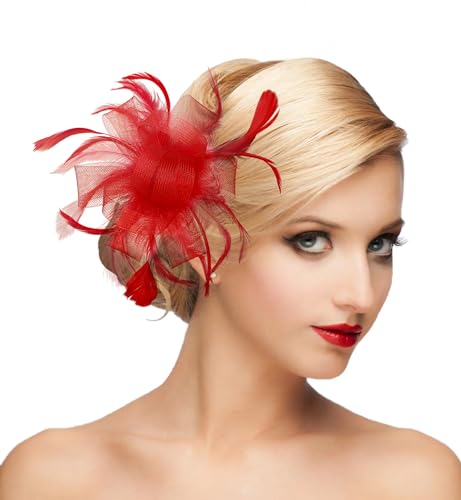 dressfan Womens Fascinator Hat Headpiece 20s Vintage Wedding Hair Accessories for Derby/Wedding/Cocktail/Tea Party - color: Red