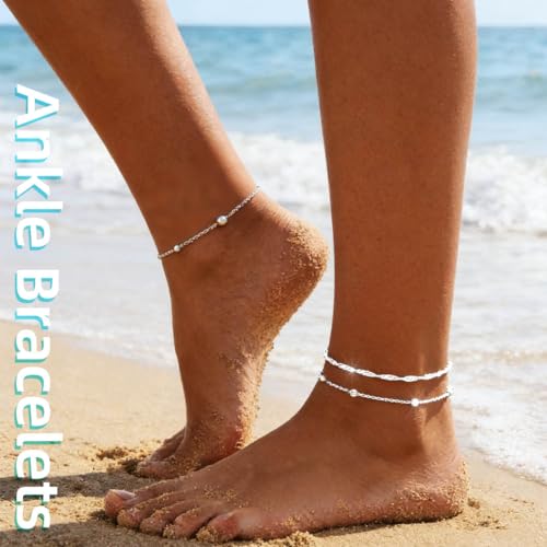 925 Sterling Silver Ankle Bracelets for Women 14K Gold Plated Layered Anklet Sets Dainty Heart Anklets Chain Waterproof Beach Foot Jewelry Gifts - style: Style2-Silver
