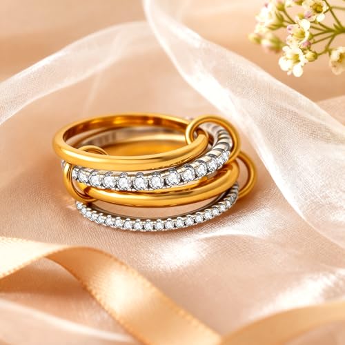 Gold Stackable Rings for Women 18k Gold Plated Rings Non Tarnish Gold Rings Cubic Zirconia Rings Silver Gold Multi Ring Interlocking Stackable Rings Mixed Metals Stack Rings Set Jewelry Gift for Women - color: 2 pcs silver+2 pcs gold, size: 5