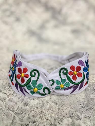 FANFAN Women's Mexican Embroidered Boho Headband - Twist Knotted Criss Cross Elastic Floral Hair Band Adjustable Head Wrap for Wedding, Party & Everyday Use E9 (White, Free Size) - color: White