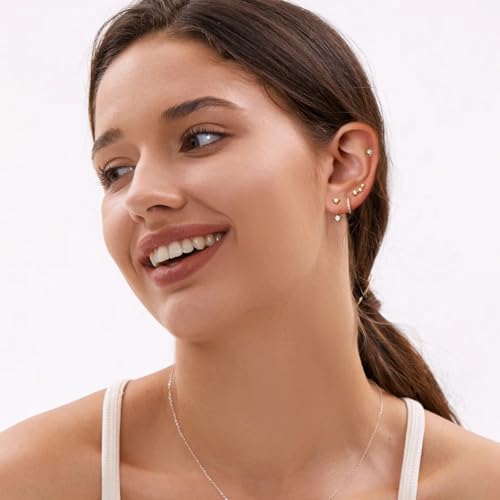 6 Pairs 14K Gold Plated Stud Earrings for Women, Hypoallergenic Cartilage Earrings for Multiple Piercing, Dainty Small Stackable Earrings Set for Jewelry Gift - color: Gold A