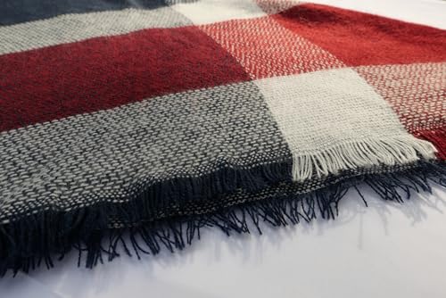 Wander Agio Womens Warm Long Shawl Winter Wraps Large Scarves Knit Cashmere Feel Plaid Triangle Scarf - color: Dark Blue Purplish Red 23