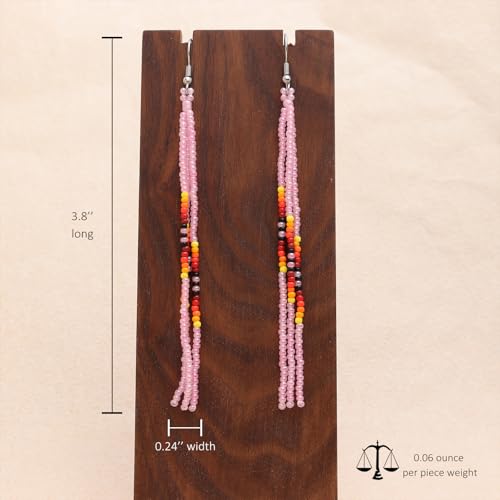 Native Long Beaded Tassel Earrings for Women, Boho Handmade Colorful Beads Statement Dangle Earing Prom Jewelry Gift. - color: Pale Pink