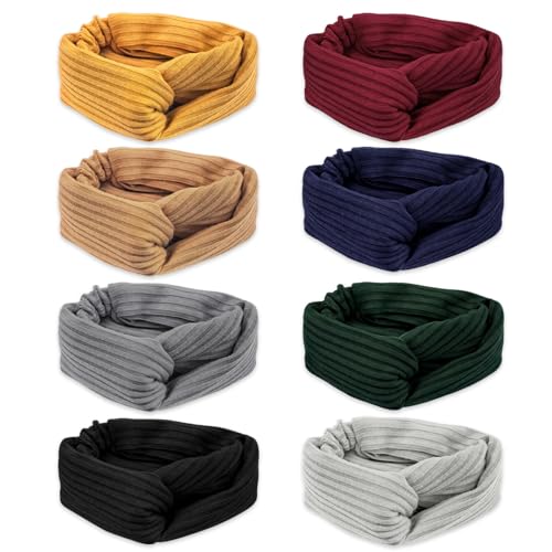 Twist Knotted Boho Headbands for Women – Stretchy Non-Slip Criss Cross Turban Hair Bands, Striped & Solid Color Vintage Yoga Workout Headwraps, 8-Piece Set ﻿