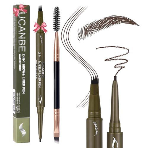 UCANBE Eyebrow Pencils for Women with Spoolie Brush, Dual-Ended Eyebrow Pen with 4-Fork-Tip & Gel Eyeliner, Microblading Brow Pen with Eyeliner Pencil + Brow Brush for Hair Like Brows, Classic Brown - color: Classic Brown with Brow Brush