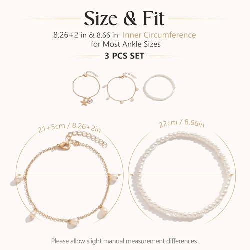 Fesciory Shell Ankle Bracelets for Women, Gold Plated Boho Anklet Set with Pearl Beads Starfish Conch Seashell, Adjustable Summer Beach Hawaiian Foot Jewelry Gift - style: Shell Pearl 3Pcs1