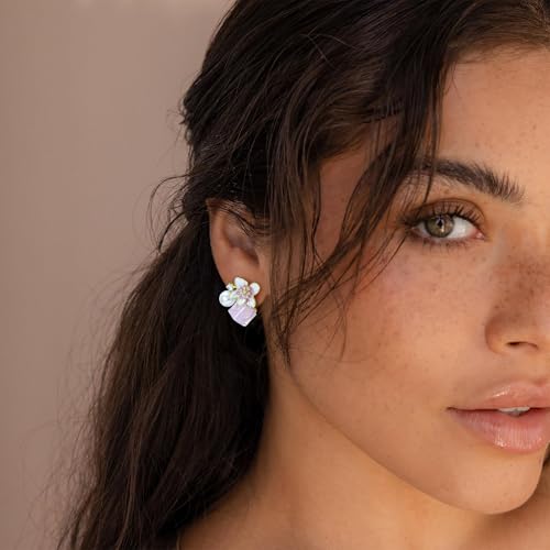 Pink Flower Earrings for Women, 925 Sterling Silver Stud Earrings, Cute Plumeria Earrings For Women, Cherry Blossom Hypoallergenic Stud - color: Pink Crystal Cherry Blossom