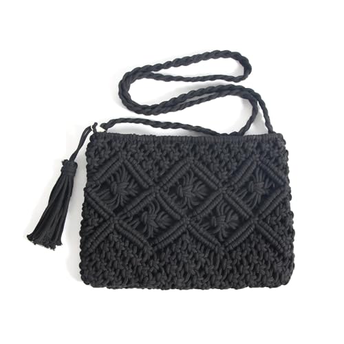 Eiyye Handmade Crochet Purse Boho Cotton Rope Crossbody Shoulder Bag with Tassel Casual Bag for Women - color: Black