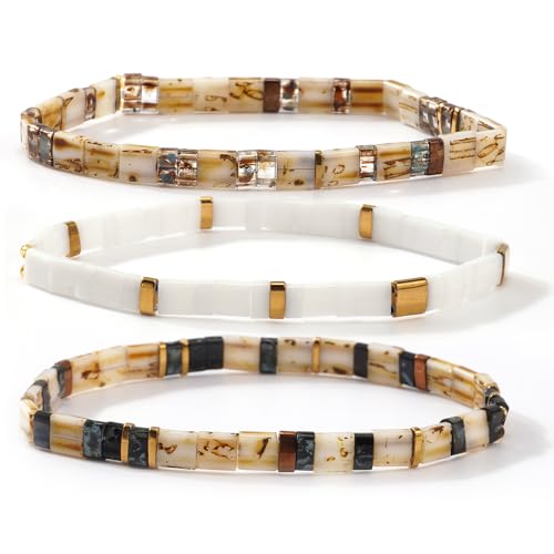 Tila Flat Square Stack Beaded Bracelets Set for Women Men, Boho 3Pcs Romantic Handmade Healing Gold Colorful Stretch Accessories Jewelry, Daily Vacation Party Holiday Friendship Gift - color: Brown White Brown