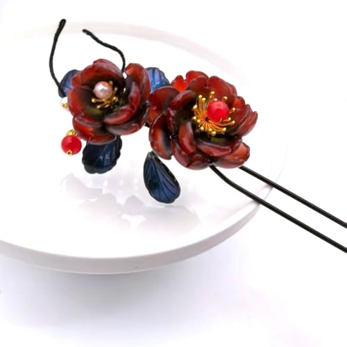 Dark Red Resin Hair Stick with Blue Leaves, Elegant Chinese Hanfu Hairpin for Women, Metal Hair Pin for Long Hair, Vintage Hair Accessory for Bun (Dark Red Rose) - color: Dark Red Rose