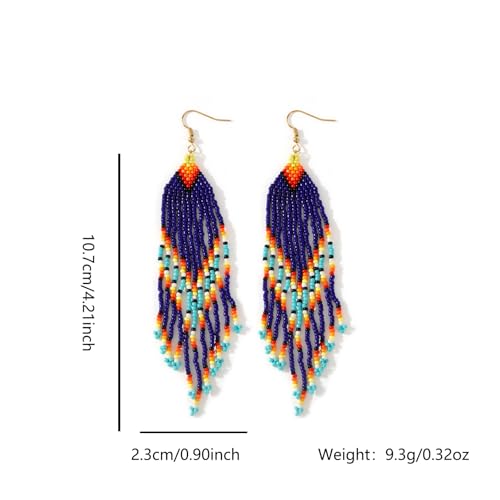 Bohemian Beaded Long Tassel Dangle Earrings for Women, Handmade Jewelry White Tarnish Resistant Lightweight Design, Stylish Accessory for Beach Vacation Party and Gift - color: Blue