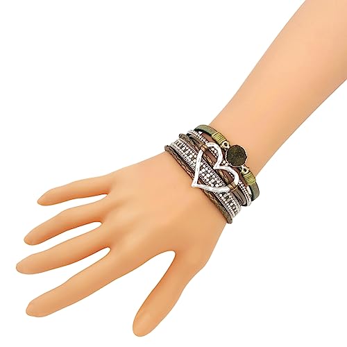 Womens Multi Layer Heart Leather Wrap Bracelet Boho Stackable Cuff Bangle Magnetic Clasp Crystal Birthday Valentine Gift - color: Grass Green