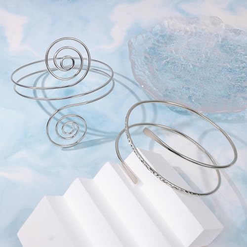 2Pcs Gold Arm Cuff for Women Adjustable Arm Cuff Bracelet Minimalist Open Coil Upper Arm Band Cuff Bangle Set - style: Silver E