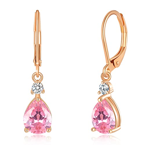 CiNily Teardrop Leverback Dangle Earrings for Women Hypoallergenic 14K Gold Plated Cubic Zircon Drop Earrings Fashion Crystal Earrings for Girls Jewelry Christmas Gifts - color: Pink CZ-Rose Gold Plated