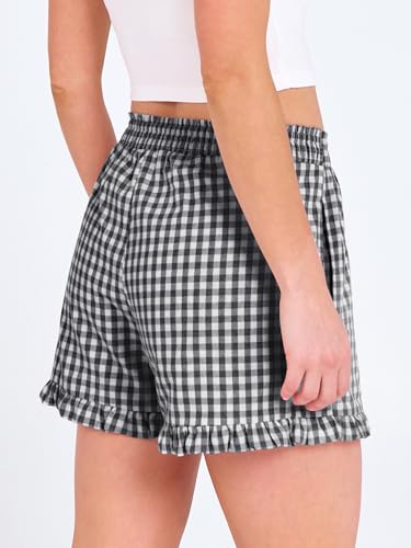ANRABESS Boxer Shorts for Women,Gingham Plaid Elastic Waist Ruffle,Perfect for Lounge,Pajama&Sleep,Cute Casual Summer Bottoms - color: Black White Plaid, size: Small