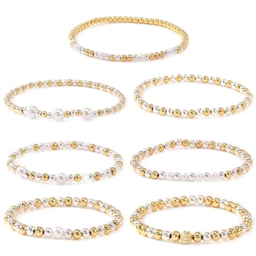 Gold Bracelets for Women Stackable 14K Gold Silver Plated Beaded Bracelets Stack Elastic Stretch Non Tarnish Bead Ball Stack Stretch Adjustable Dainty Jewelry Trendy Prom Gifts for Women - color: 7pcs-Pearl